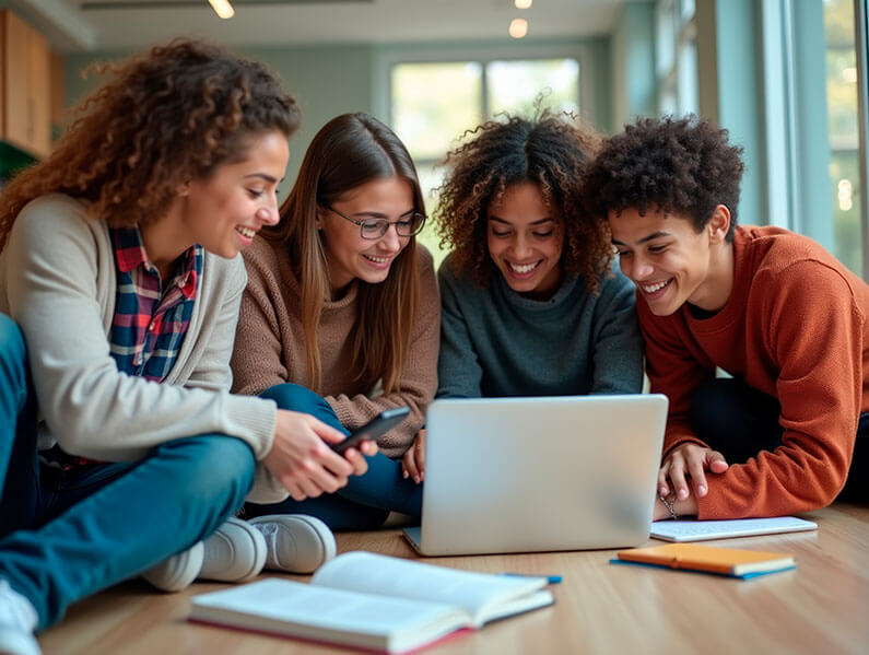 Grupo diversificado de amigos e estudantes envolvidos com a tecnologia para aprendizagem e colaboração social